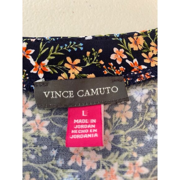 Vince Camuto Floral V-Neck Long Sleeve Blouse Navy Orange Green Blue Large - Picture 3 of 8
